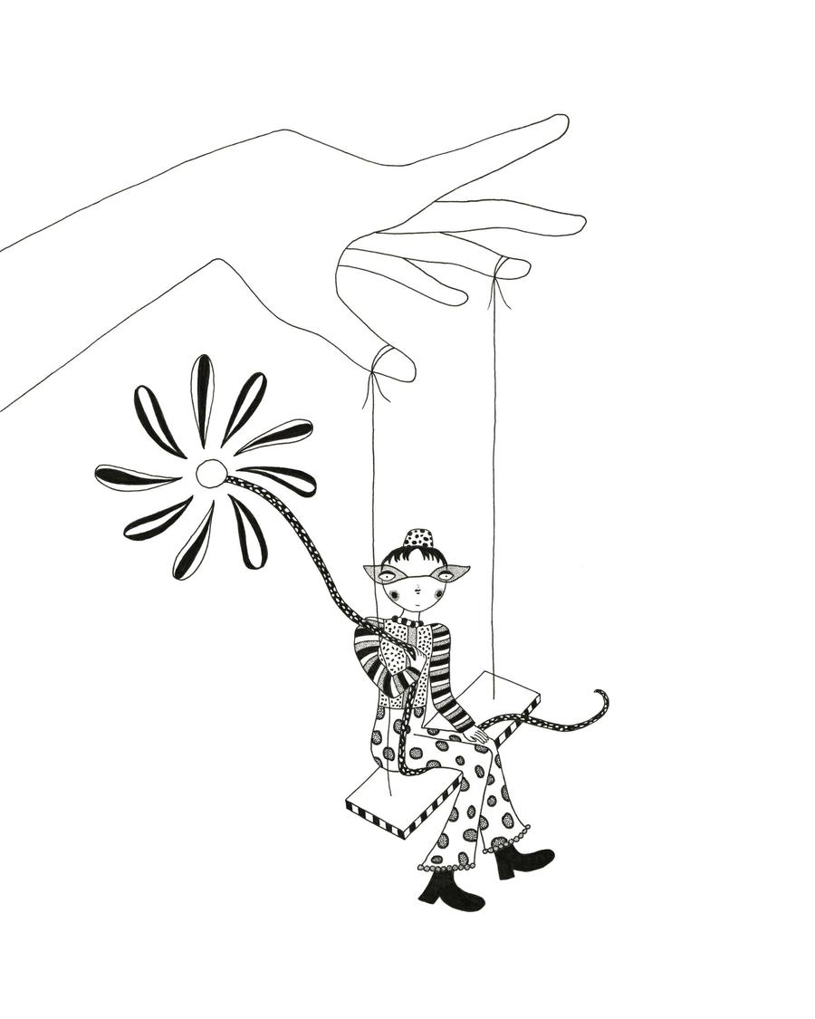 A detailed, pen and ink, manga-style illustration with a surreal 80s aesthetic; a swing is tied to the thumb and ring finger of a large hand. A character wearing stripes and polka dots sits on the swing while holding onto a giant patterned flower.